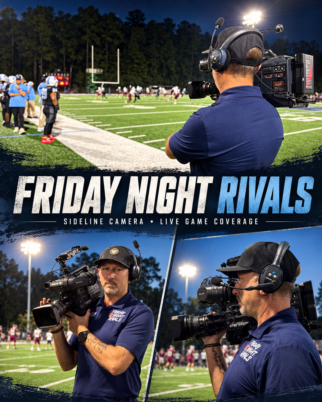 Three-photo collage of Sergio Myers filming Friday Night Rivals from the sideline