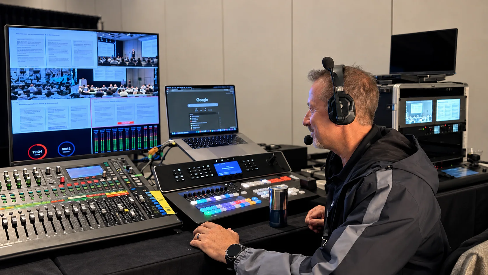 Sergio Myers monitoring conference video feeds and operating production controls while wearing a communications headset
